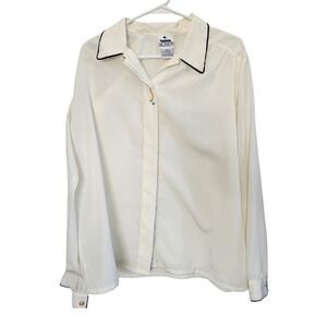 Koret Vintage Cream Long Sleeve Embroidered Blouse Navy Trim Size 16 81024